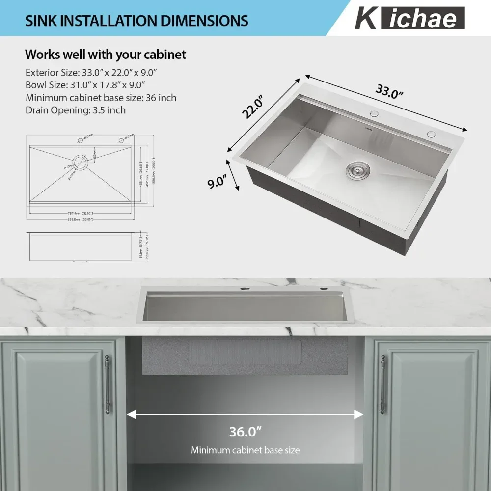NEW-33 Kitchen Sink Drop In - 33 x 22 Kitchen Sink Ledge Workstation Topmount Drop-In Single Bowl Stainless Steel 16 Gauge Singl