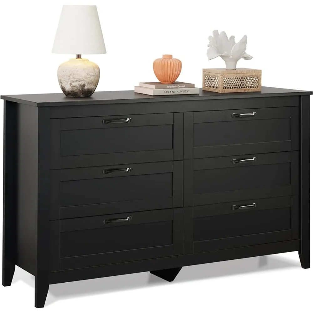 

6 Drawer Dresser, Chest of Drawers with Metal Handle, Double Wood Dresser for Bedroom, Living Room, Large Storage Cabinet, Black