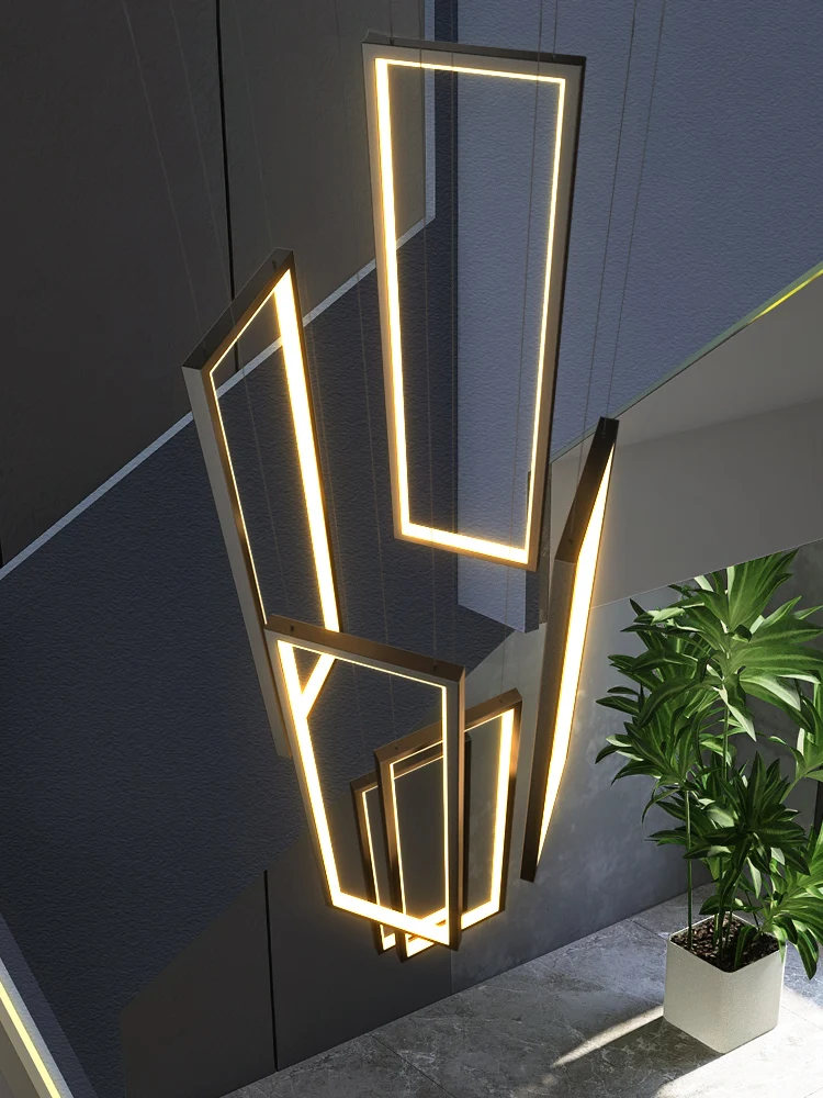 Modern LED Stair long chandelier minimalist creative rectangular villa duplex chandelier Nordic luxury loft living room Lamps led chandelier ceiling chandelier