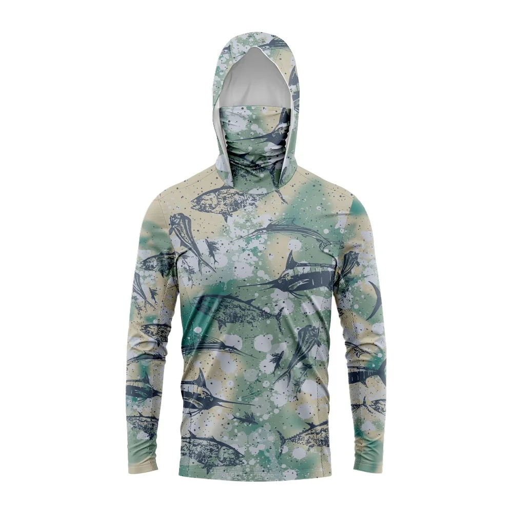 후드와 얼굴 마스크가 있는 긴팔 아이스 실크 속건성 해상 낚시 보호복