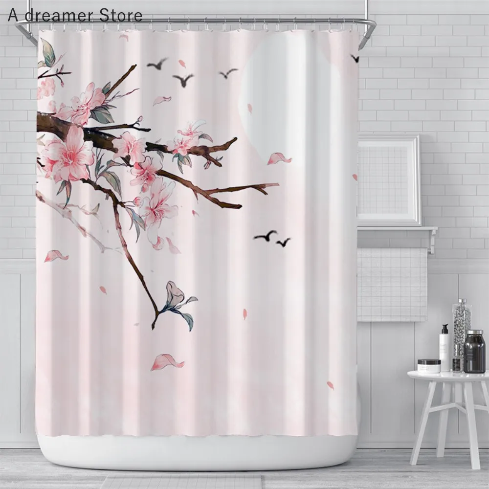 

Занавеска для душа из розового цветка вишни и персика, занавеска для душа с белым фоном, водонепроницаемый экран из полиэстера для ванной комнаты для девочек с крючком