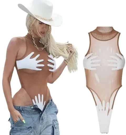 

Brown See-through Sleeveless Bodysuit 2023 Summer Hollow Out Stretchy Sexy One Piece Tight Jumpsuits For Women