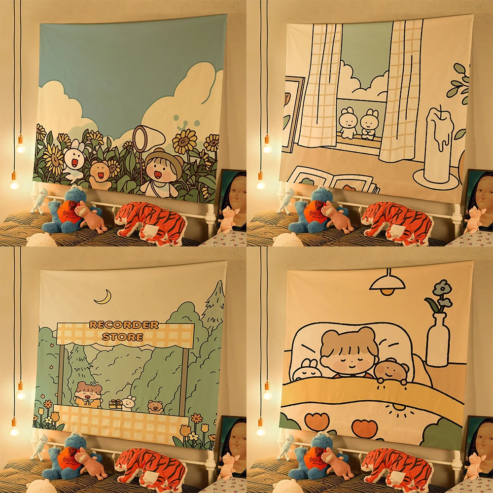 

Kawaii Room Decor Tapestry Wall Hanging Bedroom Home Decoration Accessories Aesthetic Cute Girl Kids Cartoon Mural
