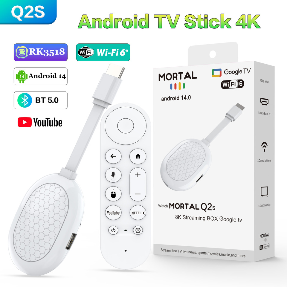 New Smart TV Stick Q2S Android 14 Support Ultra HD BT5.0 Dual 2.4/5 G Streaming Media Player BT 5.0 Video Decoding TV BOX