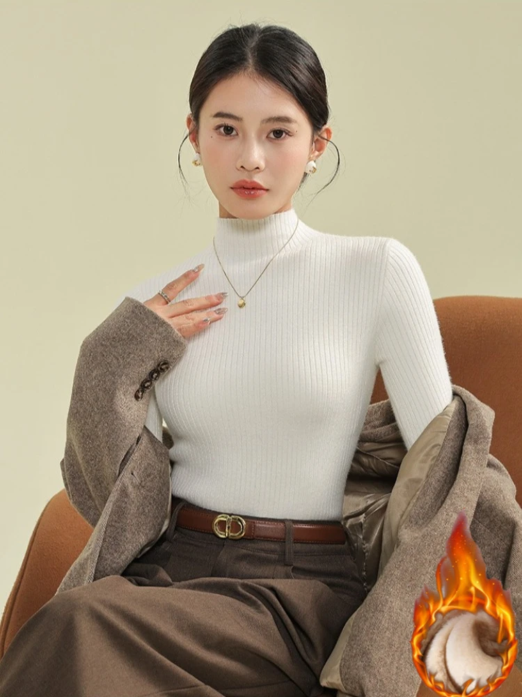 Autumn Winter Fleece-lined Thicken Pullovers Women Long Sleeve Casual Turtleneck Warm Basic Sweater Knit Jumpers Solid Slim Tops