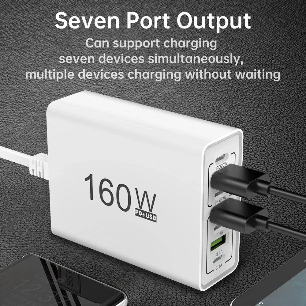 160W Multi-Port USB C Fast Charger Phone Adapter EU US Plug For iPhone Samsung Xiaomi Huawei QC3.0 Wall Travel 7-Port Charger