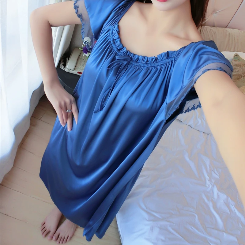 Women Night Gowns Sleepwear Lace Patchwork Nightwear Long Sleeping Dress Casual Ladies Home Dressing