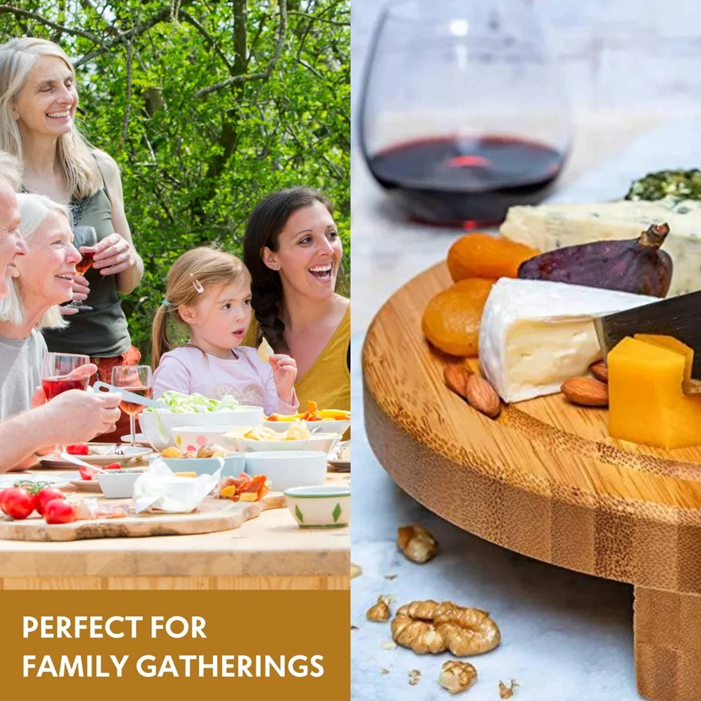 Bamboo Cheese Board Set Equipped With Round Wooden Boards Suitable For Picnics & Parties