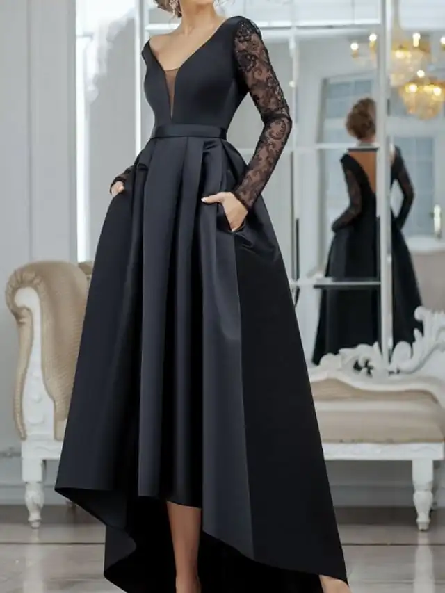 

Vintage Long Lace V-Neck Mother of the Bride Dresses A-Line Satin Black Floor Length Mother of the Groom Dress for Women
