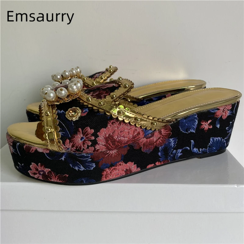 

Diamond Pearl Buckle Women Sandals Embroidery Satin High Platform Wedges Rivet Decor Slingbacks Summer Mules