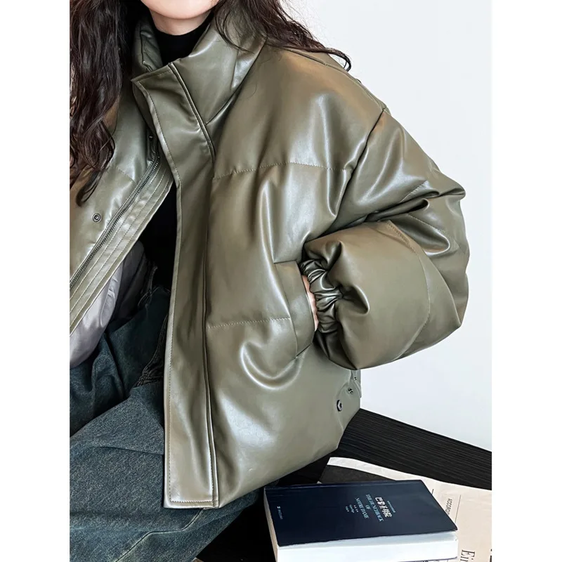 

Winter Brown PU Leather Down Jacket Women Stand Collar Thick Zipper 90 White Duck Down Coat