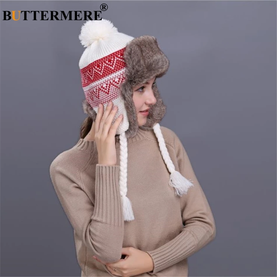 Buttermere Russian Ushanka Hats Womens Knitting Fur Bomber Hat Berretti Da Donna Pom Pom 2024 Caldo Autunno Inverno Caldo Cappello Trapper