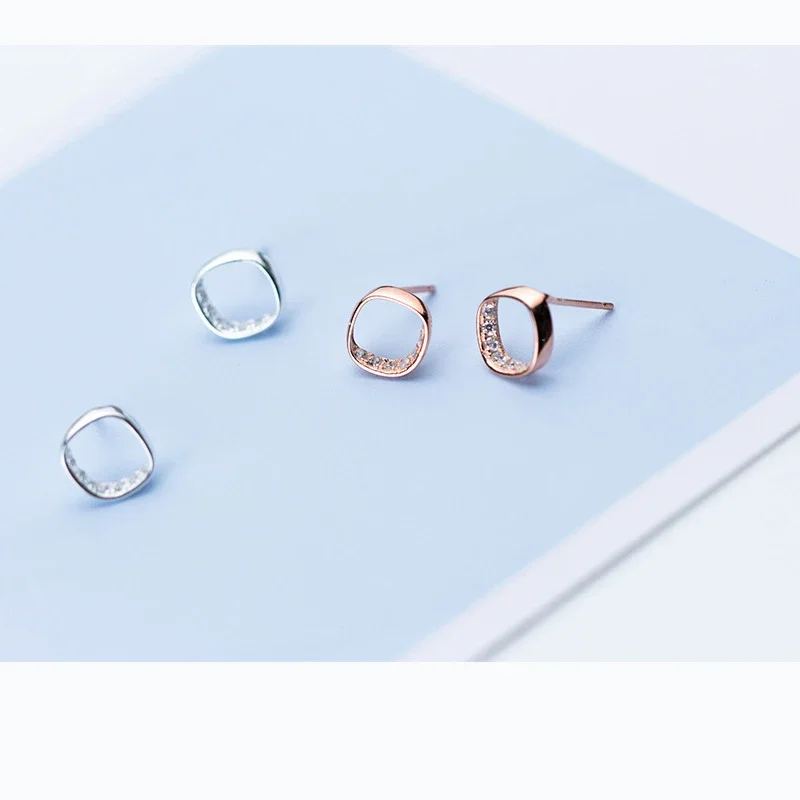 SOFTPIG Real 925 Sterling Silver OL Style Simple Sqare Stud Earrings Chic Bright Crystal Women Fine Jewelry Accessories
