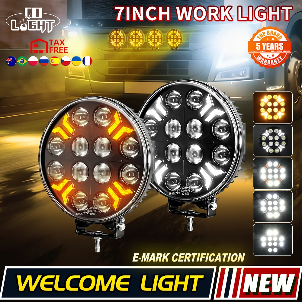 Światło CO do terenowych zderzaków samochodowych, reflektor 7 cali, białe żółte światła do jazdy dziennej (DRL) do Jeepa JK, 4RUNNER, SUV, 4WD, 4X4, ciężarówki, pickupa, światło robocze LED 12V 24V