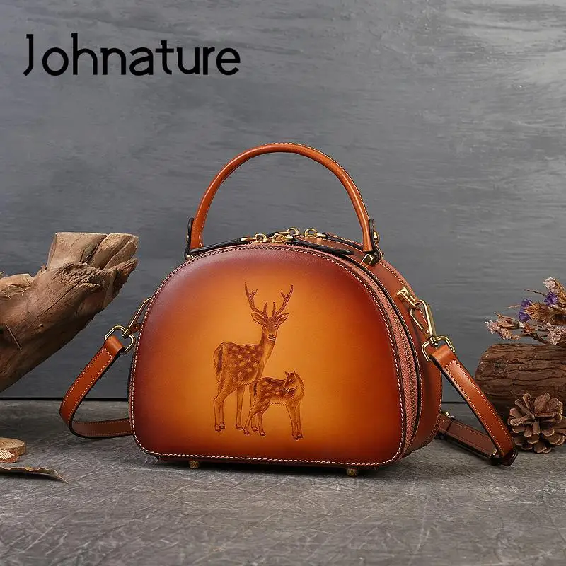 Johnature Deer Pyrograph Genuine Leather Handbag 2022 New Vintage Versatile Women Bag Natural Real Cowhide Shoulder