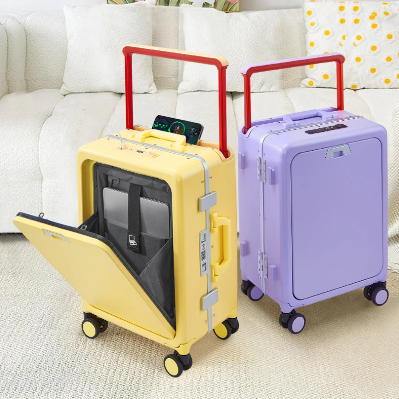여아용 알루미늄 프레임 여행 가방, 바퀴 달린 수하물 운반, 스크래치 방지 트롤리 케이스, 전면 개방 여행 가방, 20/24 인치
