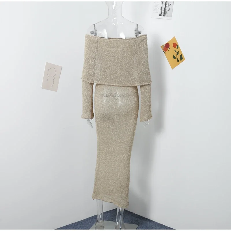 Beach Knitted Off The Shoulder Long Dress Women Slim Flare Sleeve Hollow Out Maxi Dresses 2025 Summer Lady Hip Package Robes