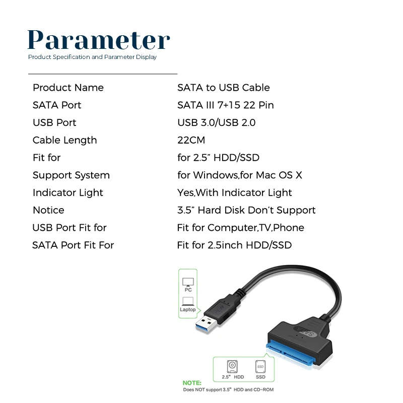 Congdi USB SATA 3 Cable Sata To USB 3.0 Adapter UP To 6 Gbps Support  2.5Inch External SSD HDD Hard Drive 22 Pin Sata III A25 2.0