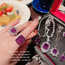 

Oil Painting Tamsang Gem Flower 925 Silver Necklace Designer Gold-Plated Grape Purple Pointed Crystal Zircon Geometric Earrings