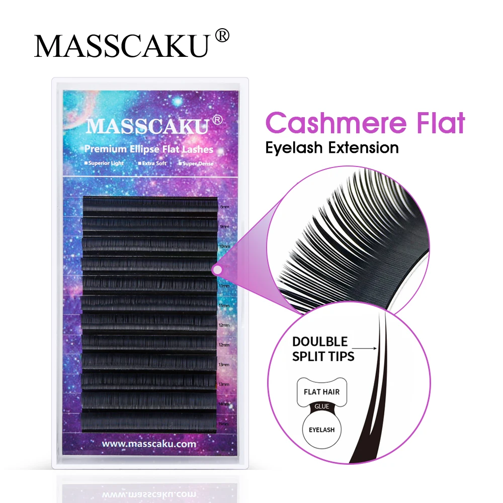 

MASSCAKU Ellipse Flat Eyelash 0.15/0.20 C Curl 12 Rows For Professionals Ellipse Flat Lash Split Tip Soft Silk lashes