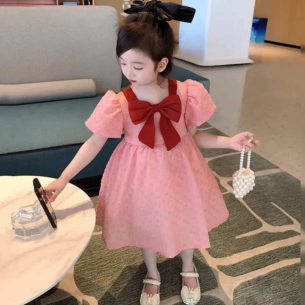 

Toddler Baby Girls Puff Short Sleeve Dress Summer Kids Pink Bow Dresses for Girls Cute Princess Dress Little Girls Outfits 6 8 9
