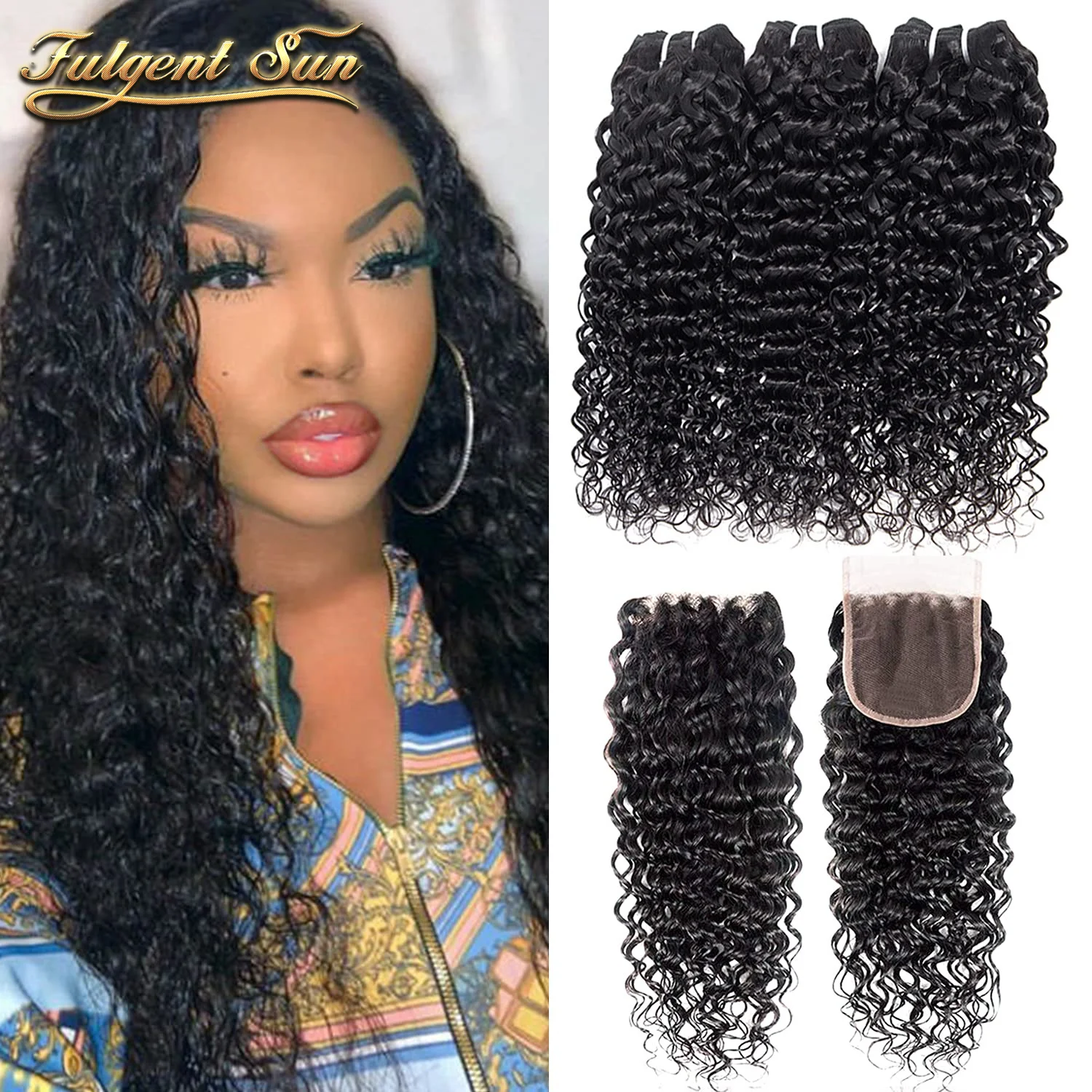 Feixes de Cabelo Malaio com Fecho para Mulheres Bonitos com Onda de Água Pacotes e Fechamento Humano Presentes Swiss Rendas Cabelo Macio 4x4 3 para mulheres presentes bonitos com onda de