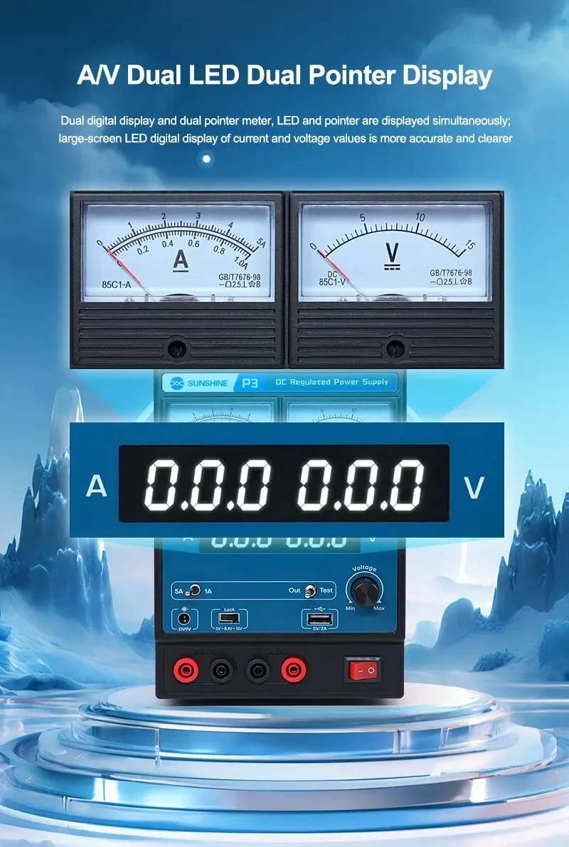 SUNSHINE P3 DC 조정 전원 공급 장치, 다기능 멀티미터용 듀얼 디지털 디스플레이, 단락 보호, 5V, 8.4V, 15V