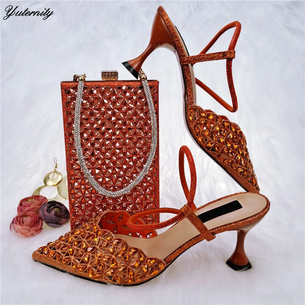 

African Summer Elegant Matching Shoes And Bag Sets Italian Fashion Rhinestone Ladies High Heels Shoes And Bag Set For Party