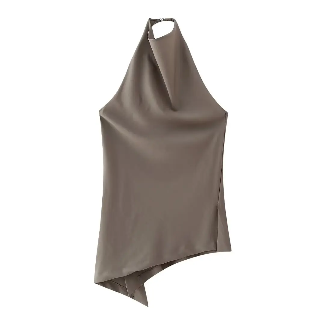 thumbnail image 1 of HH TRAF Conjunto de 2 piezas de moda para mujer, informal, sin mangas, cuello halter, parte superior sin espalda y pantalón ancho recto con cordón sólido para mujer, 1 of 4