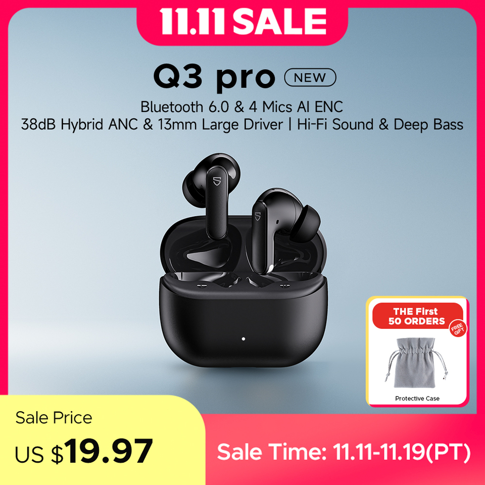 SoundPEATS Q3 pro Wireless Earbuds Active Noise Cancelling Bluetooth V6.0 Earphones with 4 Mic,13mm Driver,Multipoint Connection