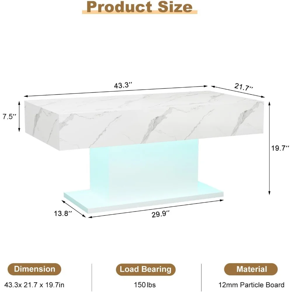 Led Coffee Table for Living Room, Living Room Table Rectangular Center Table, Modern High Glossy Wooden Coffee Tables with 16 Co 2
