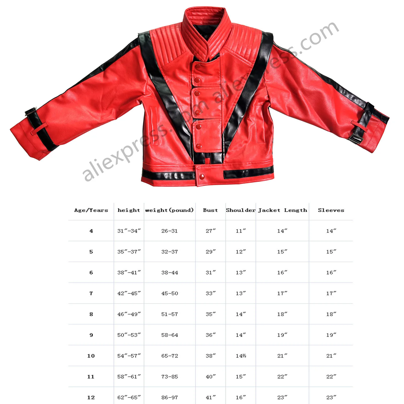MJ Michael Jackson Red Thriller Jacket, Suitable for 5-12 Year
