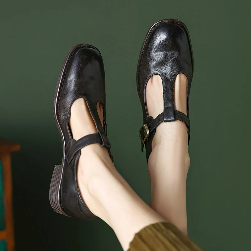 Genuine leather black medium heel thick heel small leather shoes, niche retro single shoe for women