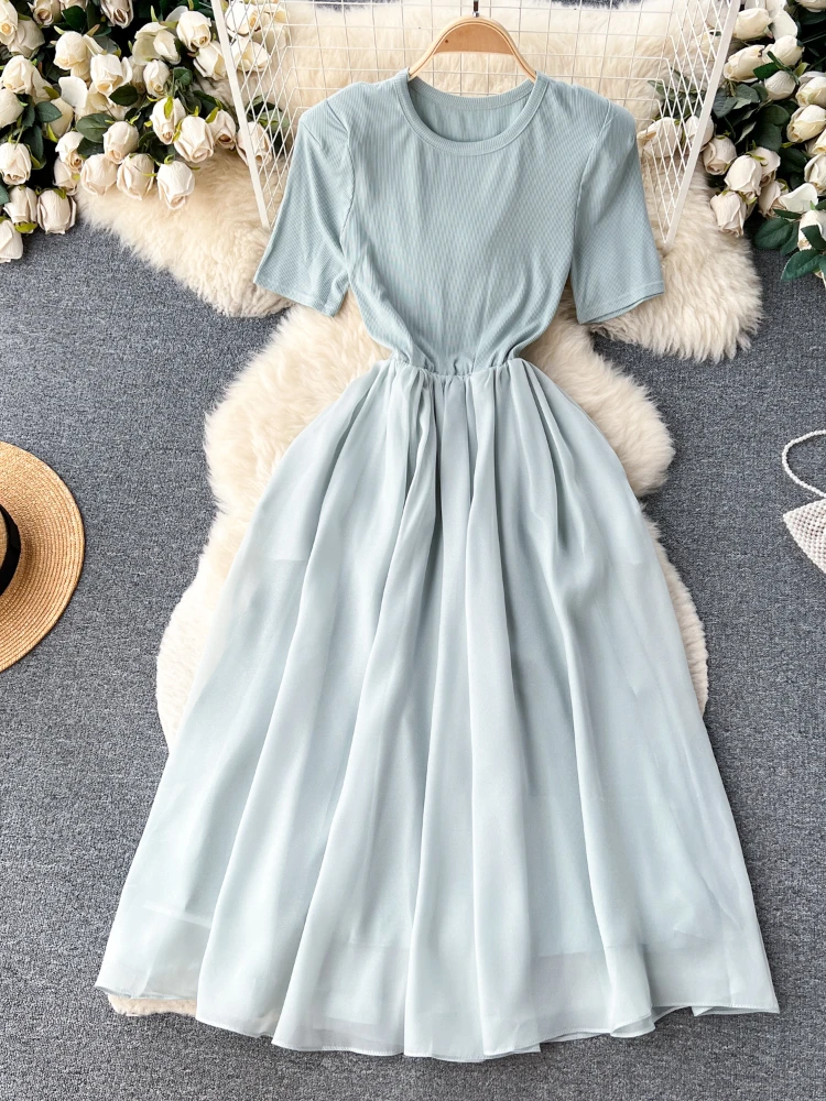 

Aibeautyer New Vintage Spring Summer Solid Slim Short Lady Dress A Line O Neck Chiffon Pullover Mid-Calf Women Dresses