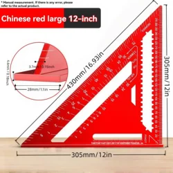 Precision 12 - Inch Red Aluminum Alloy Triangle Ruler | Durable Metal Construction with Angle Finder and Metric Scale (Red)