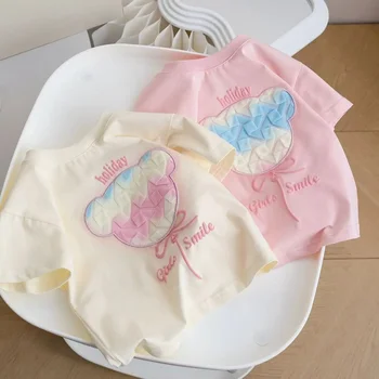 Sweet Cartoon Cotton Short Sleeve T-Shirt for Little Girls 3D Bear Design Summer New Style Children's Casual Wear from Mainland