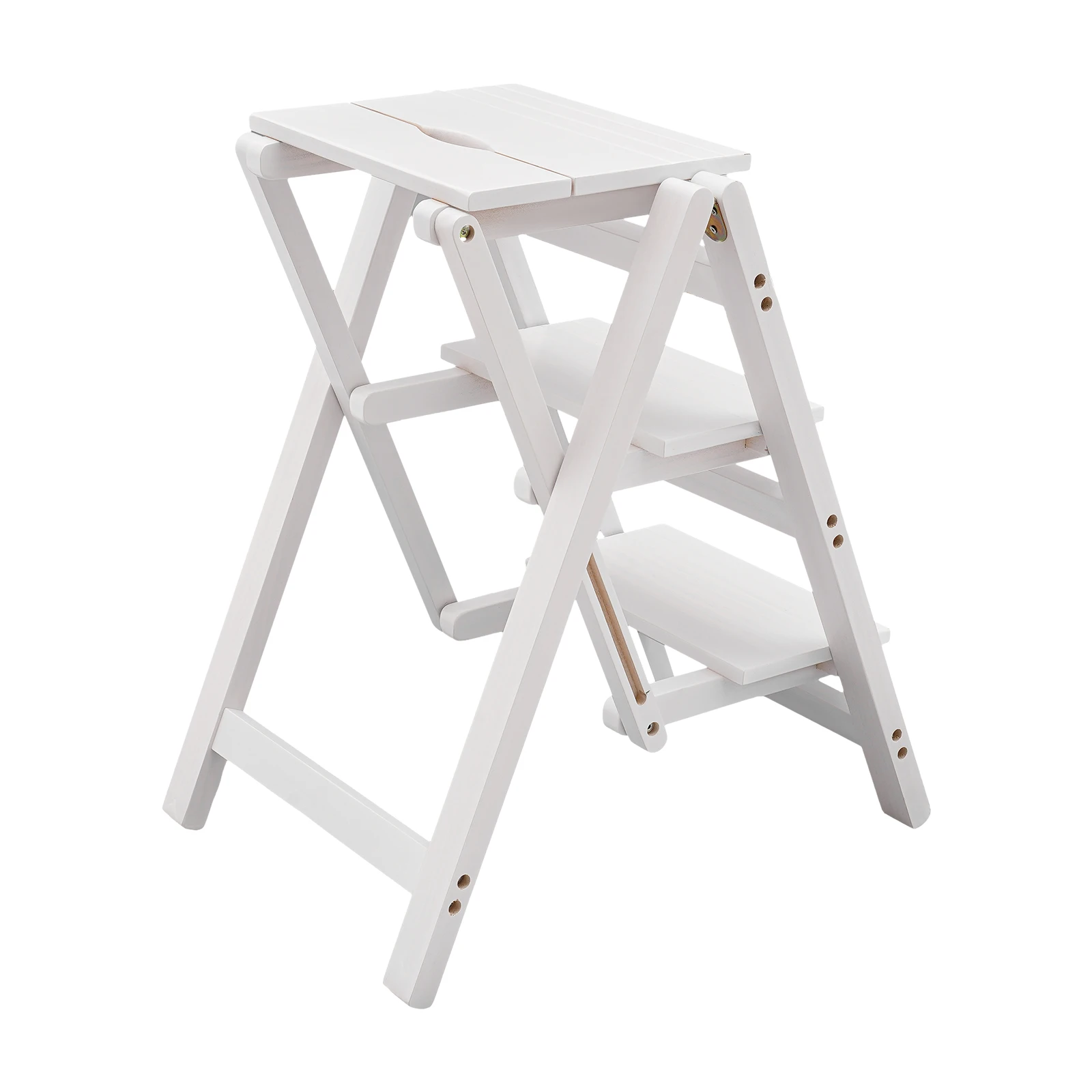 Chair Ladder, 3-Step Ladder Folding Step Stool Ladder Chair, White Pinewood Kitchen Step Stool Counter Chair for Kitchen, Bedroo