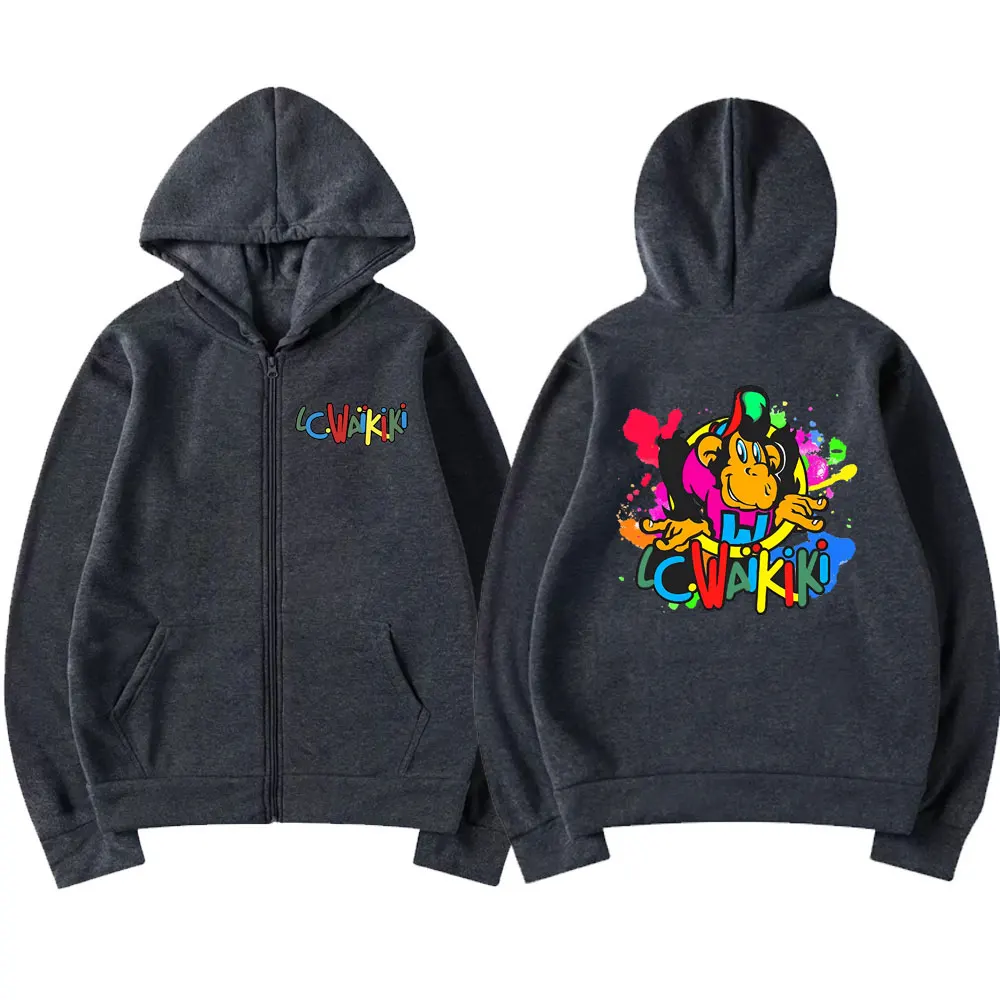 Lc Waikiki Monkey Graphic Zipper Hoodie Funny Men Women's Cartoon Monkeys Zip Up Jacket Male Fashion Oversized Sweatshirt Coat