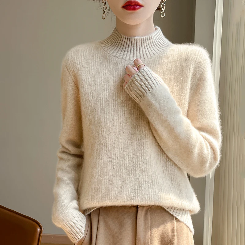 Women's semi high neck solid color sweater made of 100% wool_voghion.com