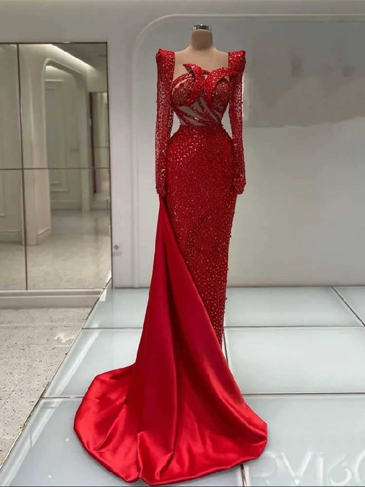 

Red Prom Dress Long Sleeves V Neck Sexy Sequins Lace Mermaid Appliques 3D Lace Satin Train Beads Evening Dresses Custom Made