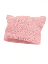 Chic Striped Cat Ears Beanie - Women's Winter Knit Punk Hat - One Size (Pink)