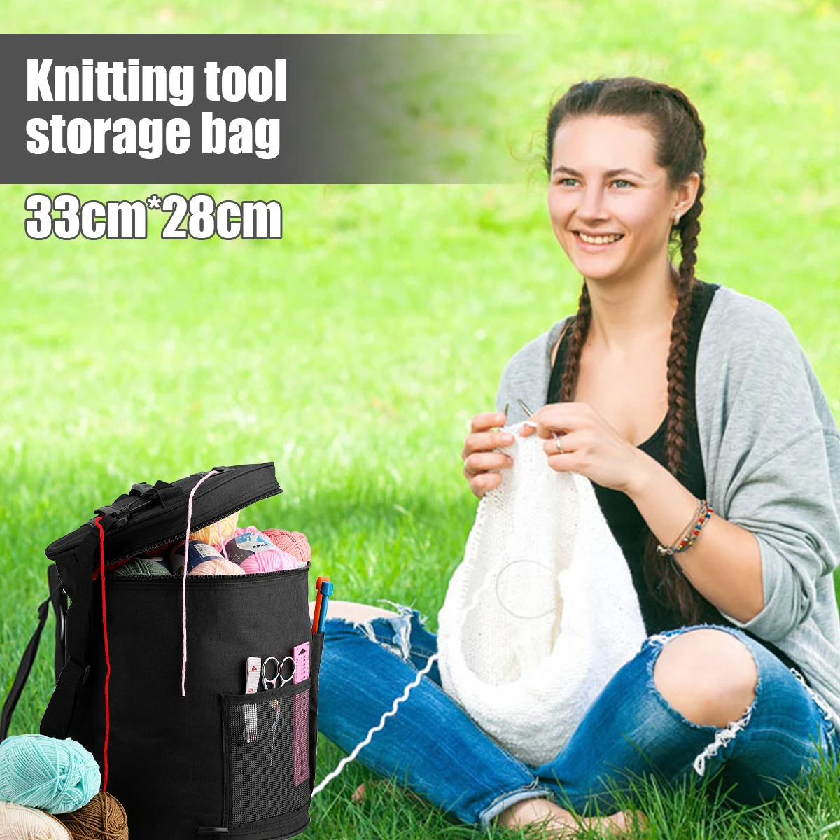 Yarn Storage Bag with Multi-Pockets Knitting Storage Bag Barrel-Shaped Large Capacity Yarn Knitting Organizer Portable