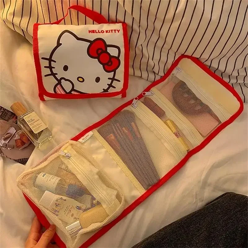 

Sanrio Hello Kitty Makeup Bag Girl Cute Cartoon Large Capacity Folding Storage Travel Bags Kawaii Portable Handheld Grid Bags