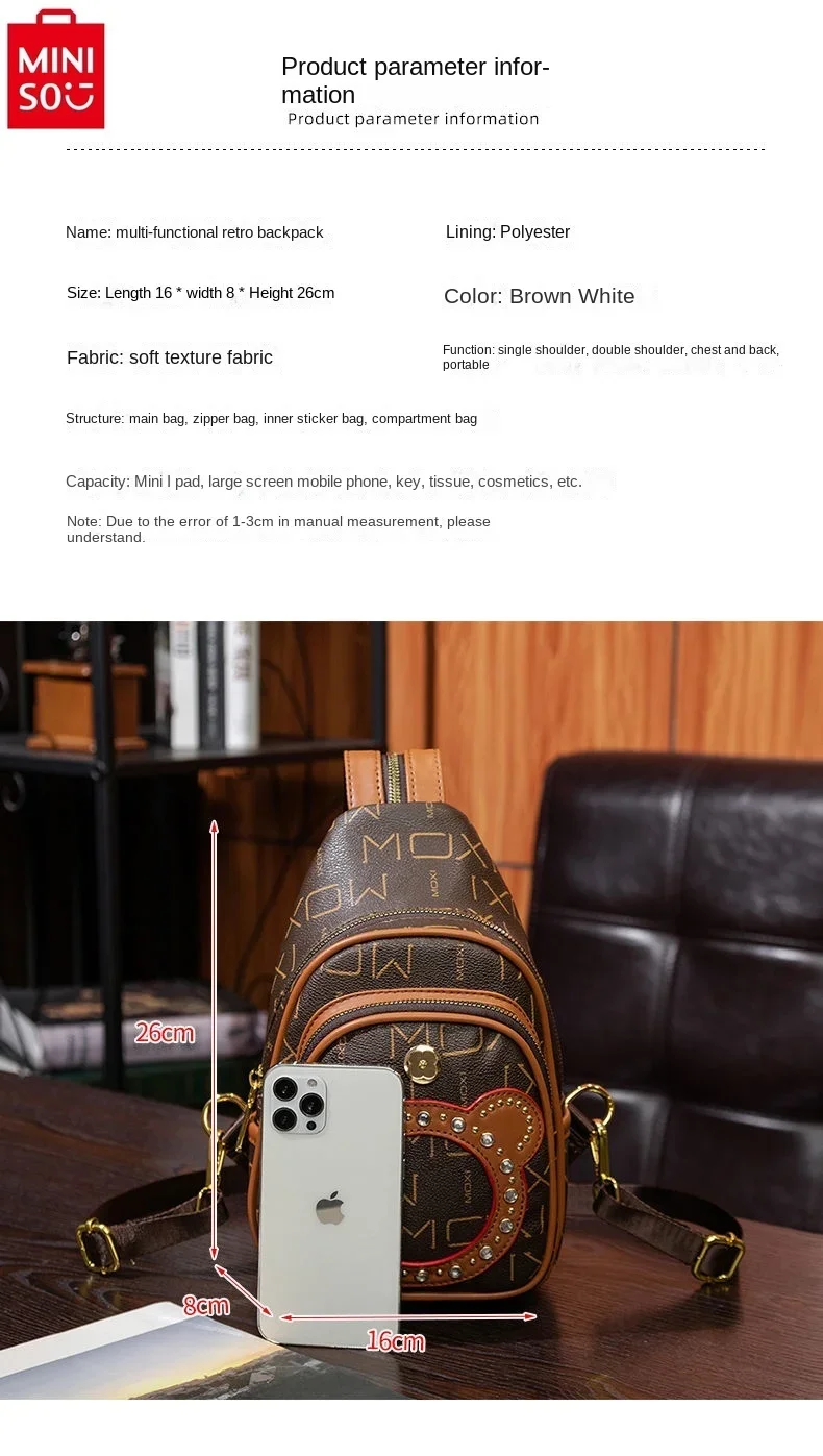 MINISO Disney Retro High Quality Diamond Set Mickey Chest Bag Student Large Capacity Multi functional Fashion Crossbody Bag