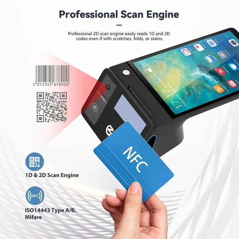 Z108 안드로이드 14 듀얼 스크린 POS 단말기 판매 시점 현금 등록기 (8인치 터치스크린, NFC 스캐너, 58/80mm 감열 프린터 포함)