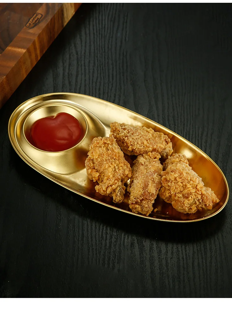 304 Stainless Steel Oval Snack Plate Dividing Korean Sauce Plate French Fries Dessert Egg Shaped Plate - 31X15X2.4Cm