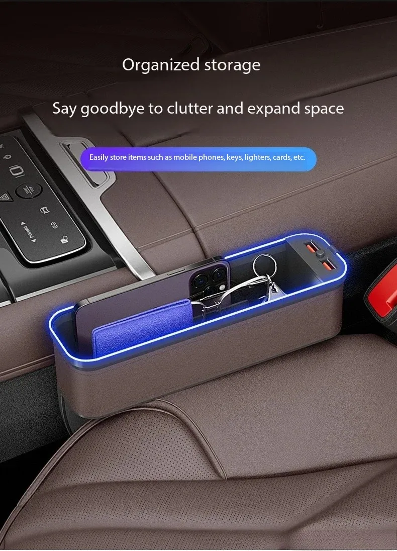 LED Car Crevice Storage Organizer Box Car 2 USB Charging Colour Light Seat Gap Storage Box Auto Interior Stowing Tidying