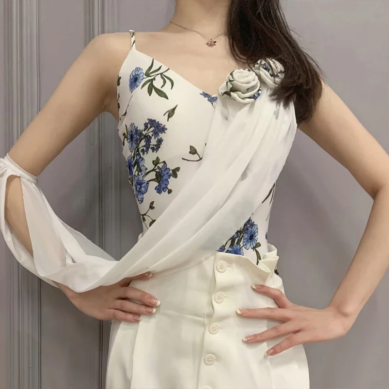 

Ballroom Dance Performance Clothes Women Flower Print Floating White Tops Latin Dance Costume Adult Waltz Dance Wear DNV18083