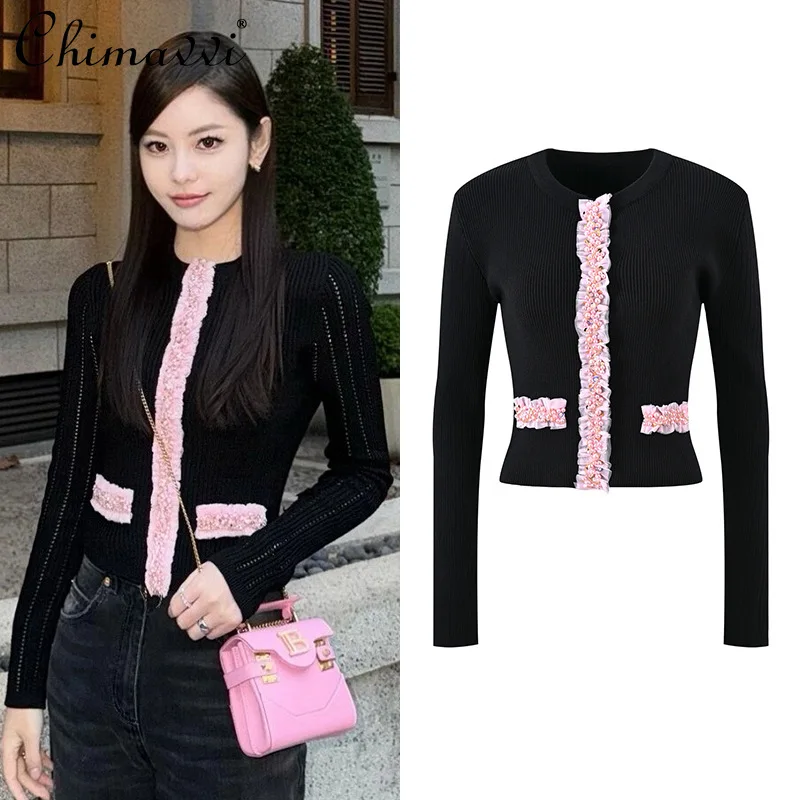 

Long Sleeve Elegant Socialite Sweater Top 2024 Spring Clothes Pink Lace Pearl Contrast Color Black Slim-fit Women's Knitwear