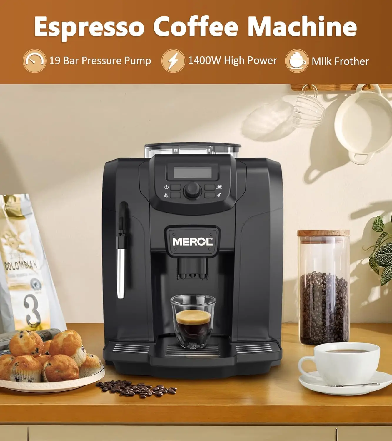 Fully Automatic Espresso Coffee Machine, 19 Bar Cafe Maker Built-in Adjustable Grinder and Manual Milk Frother ME-715, Black 2